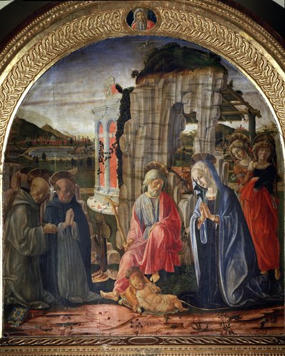 Nacimiento con San Bernardo y Santo Tomás de Aquino - Pintura de Francesco di Giorgio Martini