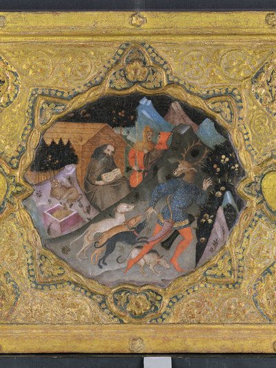 (detalle) La historia de Diana y Acteón, con San Jerónimo: un panel de cassone de Francesco di Michele