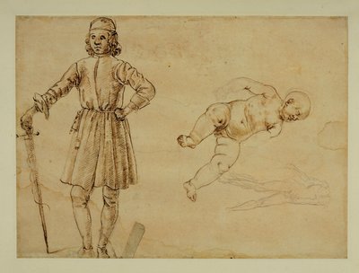 Un niño sentado;hombre de pie sosteniendo una espada ... de Francesco di Simone (attr. to)