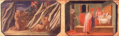 San Francisco de Asís recibiendo los estigmas, SS. Cosme y Damián curando a un hombre enfermo; copias de paneles originales que forman parte de la Predela de la Madonna y el Niño en el Trono de Filippo Lippi de Francesco di Stefano Pesellino