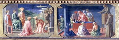 El Martirio de SS. Cosme y Damián, San Antonio de Padua encontrando el Corazón del Avaro; dos paneles de la predela de la Madonna y el Niño en el Trono de Filippo Lippi de Francesco di Stefano Pesellino