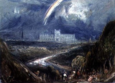 Vista desde una colina de una ciudad y catedral distantes, (probablemente Exeter), con un río en primer plano de Francis Abel William Taylor Armstrong