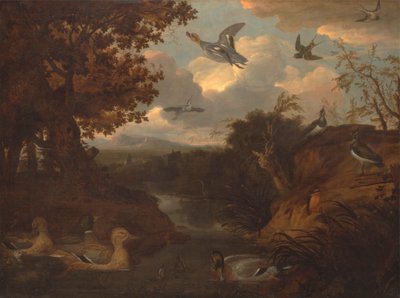 Patos y otras aves en torno a un arroyo en un paisaje italianizante de Francis Barlow