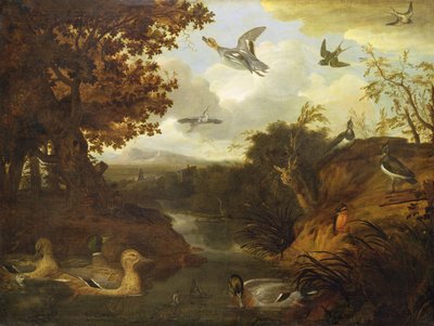 Patos y otras aves alrededor de un arroyo en un paisaje italianizante de Francis Barlow