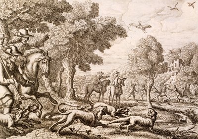 Caza de nutrias junto a un río, grabado por Wenceslaus Hollar, 1671 de Francis Barlow