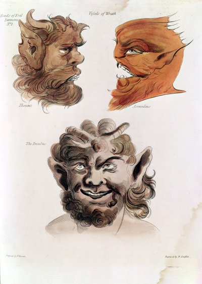 Cabezas de demonios malvados: Theumis, Asmodeus y El Íncubo, ilustraciones de 