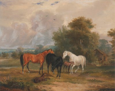 Caballos pastando: Yeguas y potros en el campo de Francis Calcraft Turner