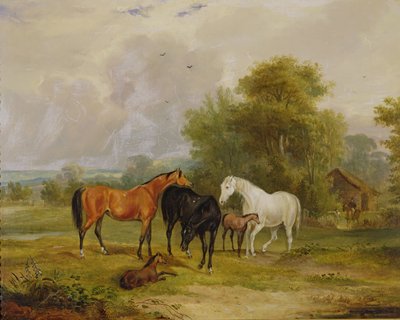 Caballos Pastando: Yeguas y Potros en un Campo de Francis Calcraft Turner