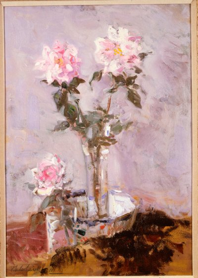 Rosas rosadas en un jarrón de vidrio de Francis Campbell Boileau Cadell