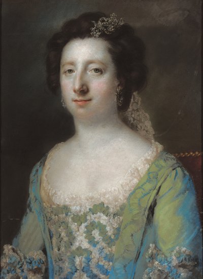 Retrato de la Sra. Bridget Gunning, medio cuerpo, con un vestido azul con volantes, 1758 de Francis Cotes