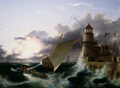 Barco junto a un faro, una tormenta alejándose de Francis Danby