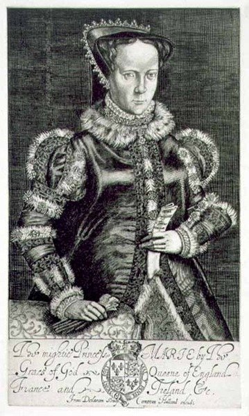 Retrato de María I sosteniendo la súplica de Thomas Hongar, grabado por el artista, publicado por Compton Holland de Francis Delaram