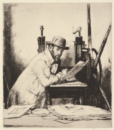 Retrato de Muirhead Bone apoyado en una prensa de grabado de Francis Dodd