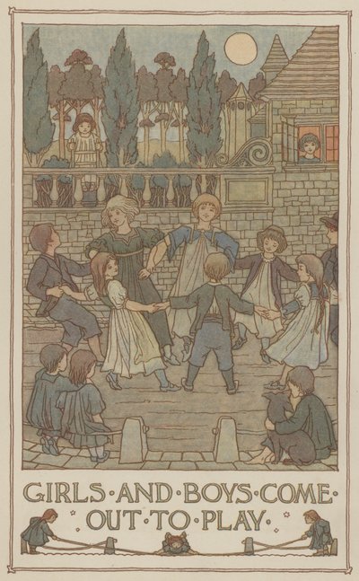 Niños y niñas salen a jugar (litografía en color) de Francis Donkin Bedford