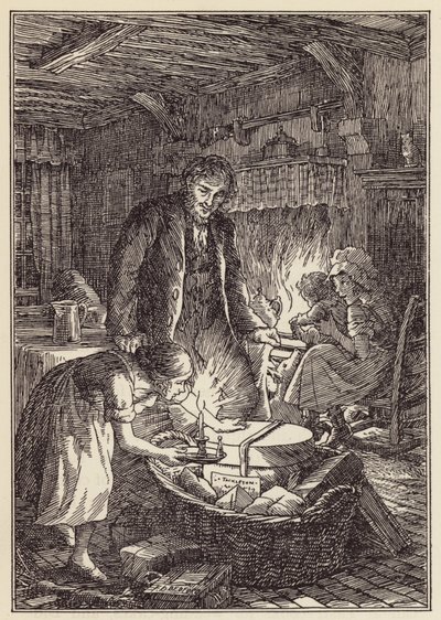 Ilustración de El grillo en la chimenea de Charles Dickens (litografía en color) de Francis Donkin Bedford