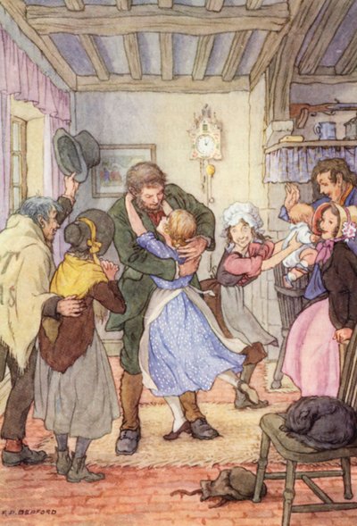 Ilustración de El grillo en la chimenea de Charles Dickens (litografía en color) de Francis Donkin Bedford