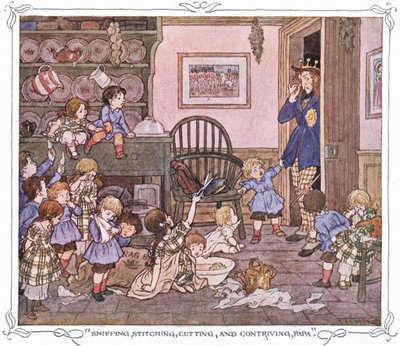 "Snipping, stitching, cutting and contriving, Papa", de The Magic Fishbone pub.by Warne  Co, c.1940 (litografía en color). de Francis Donkin Bedford