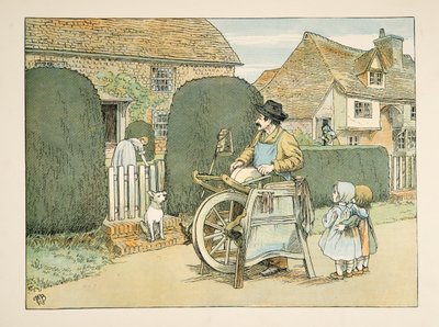 El afilador de cuchillos, de Four and Twenty Toilers, pub. 1900 (litografía en color) de Francis Donkin Bedford