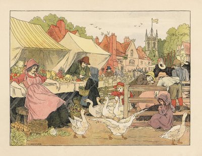 Niños victorianos comprando verduras, persiguiendo gansos y pinchando cerdos en un mercado de pueblo. Cromolitografía según una ilustración de Francis Donkin Bedford de The Book of Shops de Edward Verrall Lucas. de Francis Donkin Bedford
