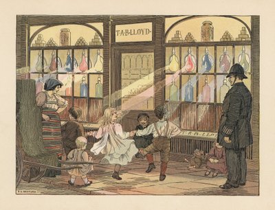 Niños victorianos bailando delante de una farmacia mientras un policía los observa. Cromolitografía a partir de una ilustración de Francis Donkin Bedford de The Book of Shops de Edward Verrall Lucas. de Francis Donkin Bedford