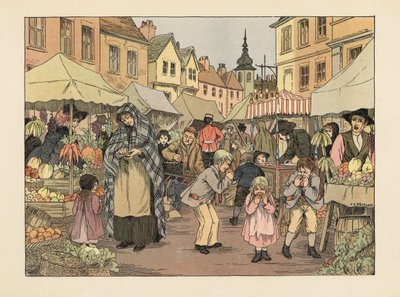 Niños victorianos comiendo naranjas de los puestos de frutas y verduras de un mercado del East End londinense. Cromolitografía según una ilustración de Francis Donkin Bedford de The Book of Shops de Edward Verrall Lucas. de Francis Donkin Bedford