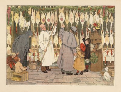 Familia victoriana escogiendo un pavo para Navidad en la pollería. Carnicero en bata con un gancho sacando un ave. Cromolitografía a partir de una ilustración de Francis Donkin Bedford de The Book of Shops de Edward Verrall Lucas. de Francis Donkin Bedford