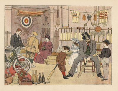 Un padre victoriano y sus hijos compran bates de cricket en una tienda de deportes. Jugador de golf con un dependiente. Cromolitografía según una ilustración de Francis Donkin Bedford de The Book of Shops de Edward Verrall Lucas. de Francis Donkin Bedford