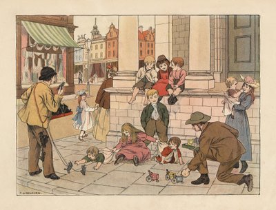 Comerciantes de bordillos victorianos vendiendo juguetes de un penique a los niños en una calle de Londres. Cromolitografía según una ilustración de Francis Donkin Bedford de The Book of Shops de Edward Verrall Lucas. de Francis Donkin Bedford