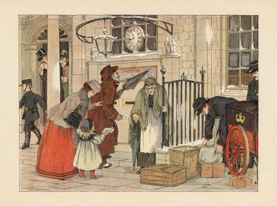 Gente victoriana enviando cartas cerca del día de Navidad en la Oficina de Correos. Cromolitografía según una ilustración de Francis Donkin Bedford de The Book of Shops de Edward Verrall Lucas. de Francis Donkin Bedford