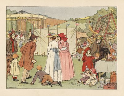 Jóvenes victorianos en un tímido coco, niños en columpios y carrusel en una feria de pueblo. Cromolitografía según una ilustración de Francis Donkin Bedford de The Book of Shops de Edward Verrall Lucas. de Francis Donkin Bedford
