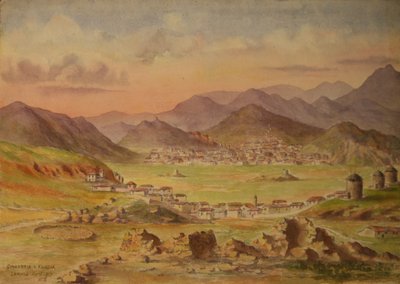 Vista de Smandria y Kondia en la isla de Lemnos, Grecia, abril de 1917 (acuarela sobre papel) de Francis Doveton Bridges