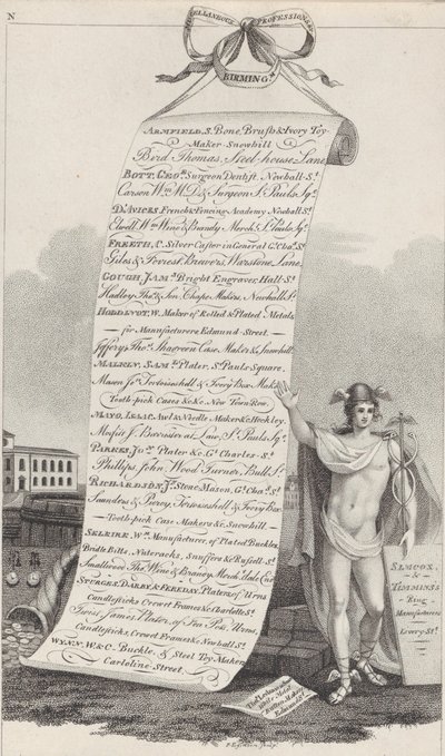 Tarjeta comercial para profesiones diversas, Birmingham, 1800 de Francis Eginton