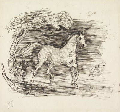 Un caballo gris trotando fuera de un bosque de Francis Grant