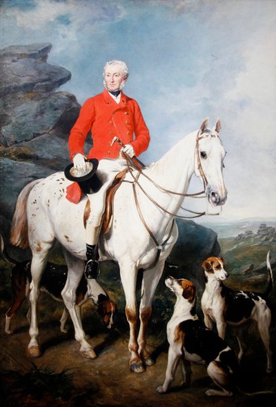 Retrato de Charles Trelawny, Esq., Maestro de la Caza de Dartmoor, en su cazador favorito Grimaldi, con los sabuesos Conqueror, Lounger y Windermere de Francis Grant