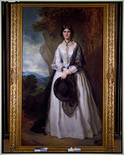 Retrato de una dama con vestido blanco, de pie en un paisaje de Francis Grant
