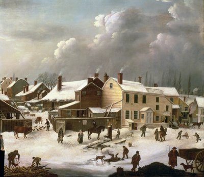 Escena de invierno en Brooklyn, detalle de una calle y la oficina de correos, c.1817-20 (detalle) de Francis Guy