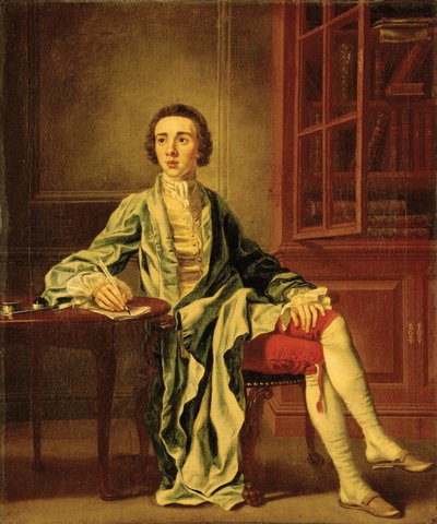 Retrato de Joseph Henry de Straffan, Co. Kildare, de cuerpo entero, sentado en una mesa escribiendo una carta, con un abrigo azul, chaleco amarillo y calzones rojos, junto a una estantería de Francis Hayman