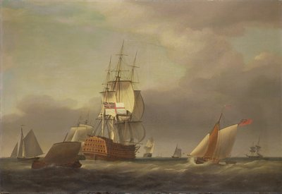 Un paisaje marino con barcos de guerra y pequeñas embarcaciones de Francis Holman