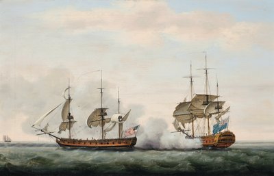 El barco de la Compañía de las Indias Orientales Bridgewater defendiendo con éxito su carga de un ataque del corsario americano Hampden en su camino de St. Helena a Inglaterra el 8 de marzo de 1779 de Francis Holman
