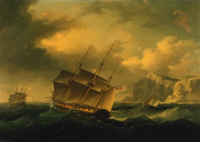 Una fragata inglesa empujando una fragata francesa hacia una costa rocosa de Francis II Sartorius