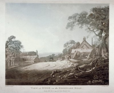 Un carruaje tirado por caballos desapareciendo sobre una colina en Edgware Road, Londres, 1799 de Francis Jukes
