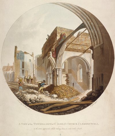 Vista de la torre y el arco de la iglesia de St James, Clerkenwell, Islington, Londres de Francis Jukes