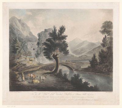 Gezicht op het meer Keswick met de Lodore-watervallen
Vista lejana de la cascada de Lowdore con parte del lago de Keswick en Cumberland (título en el objeto) de Francis Jukes