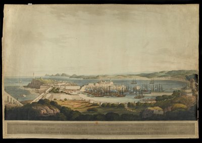 Vista sur de Corunna desde las alturas cerca del Convento de Santa Margarita, grabado por H. Merke, publicado en 1809 de Francis Lee