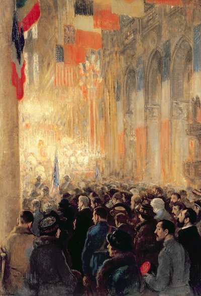 Servicio en Notre Dame, dando gracias por la victoria después de la Gran Guerra Internacional de Francis Luis Mora