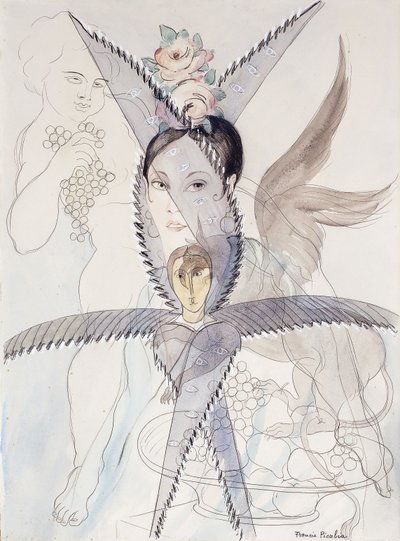 Transparence - Head and Winged Horse; Transparence - Tete et Cheval Aile, c.1928 (acuarela, gouache, tiza negra y lápiz sobre papel) de Francis Picabia