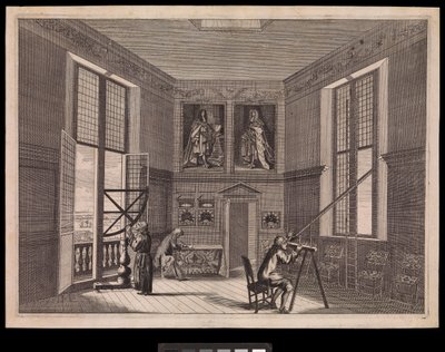 Tres figuras utilizando equipos astronómicos en la Gran Sala de las Estrellas o Sala Octogonal, como se conoce hoy en día, en el Real Observatorio., c.1676 (grabado) de Francis Place