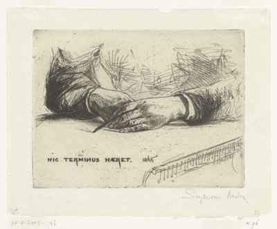 Dos manos, dibujando con tiza Manos sosteniendo un crayón Hic Terminus Haeret (título sobre objeto) de Francis Seymour Haden (Sir) (signed by artist)
