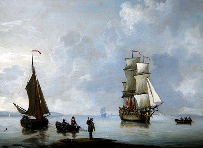 Un barco de guerra británico siendo remolcado a ancla de Francis Swaine