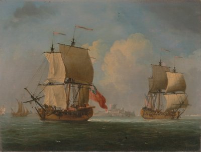 Una balandra inglesa y una fragata con poco viento de Francis Swaine